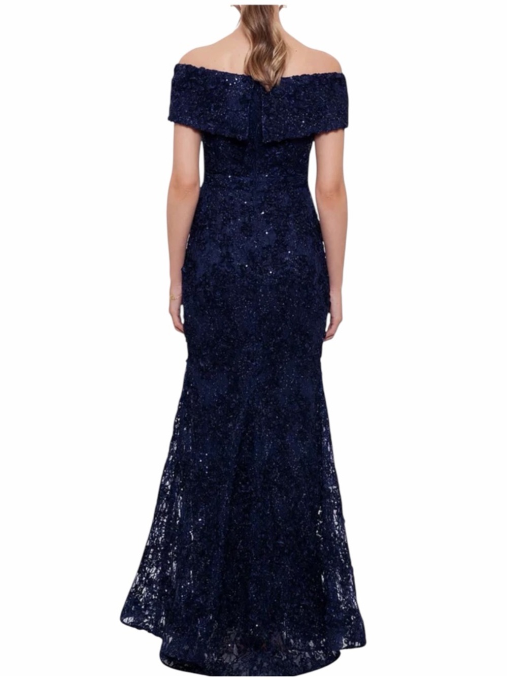 XSCAPE Off The Shoulder Evening Formal Navy Blue Gown Sequins Lace Size 14 NWT - Picture 3 of 11